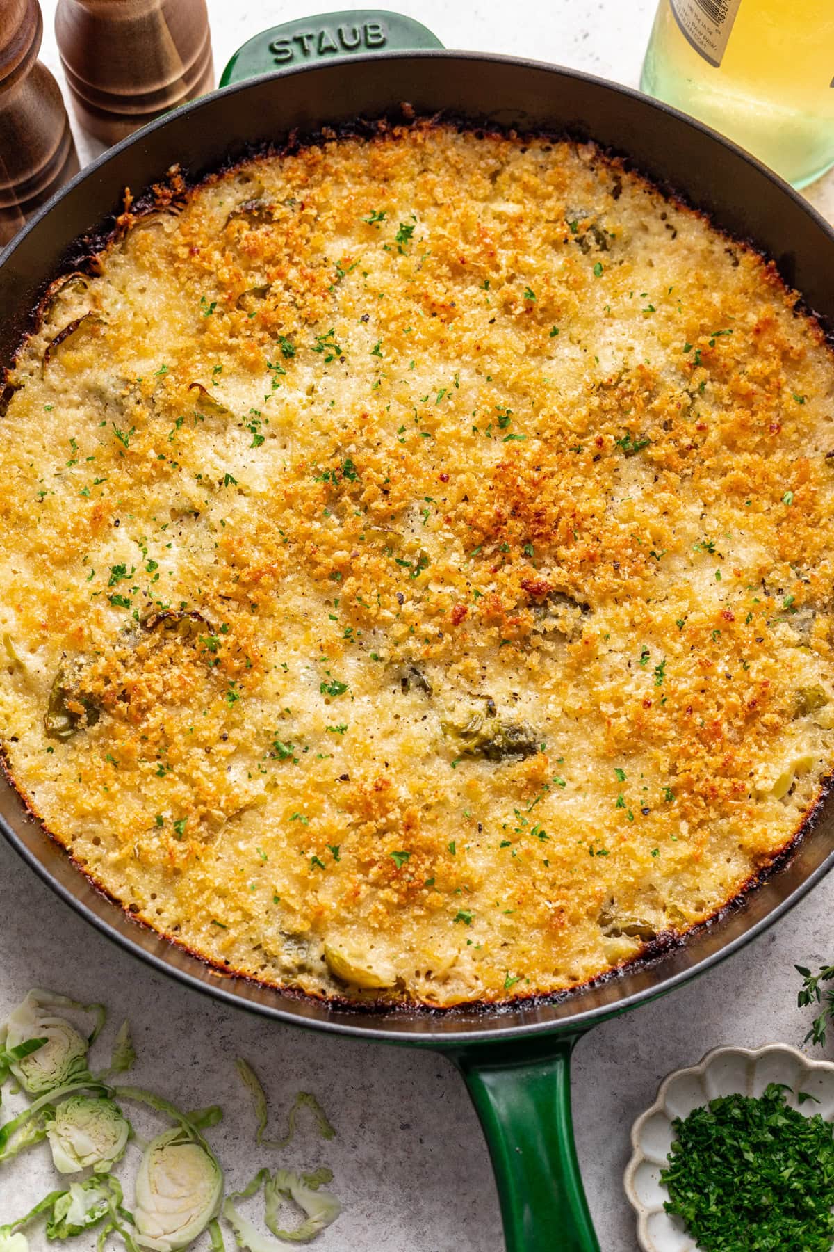 Brussels sprouts gratin with crispy breadcrumb topping.