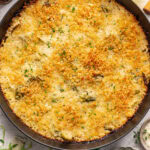 Brussels sprouts gratin with panko breadcrumbs.