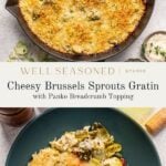 Cheesy Brussels Sprouts Gratin pinterest graphic.