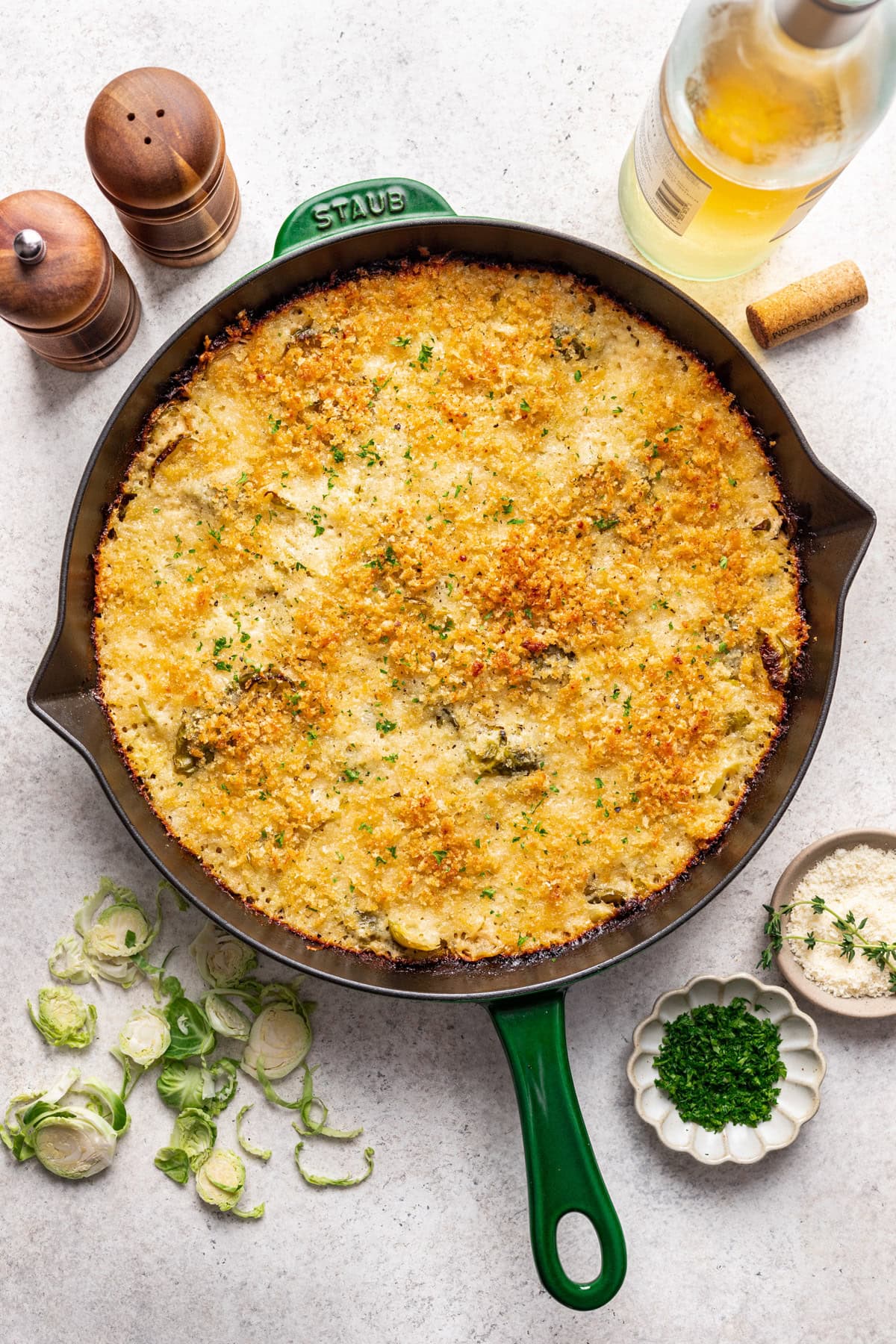 Cheesy Brussels sprouts gratin with panko breadcrumbs.