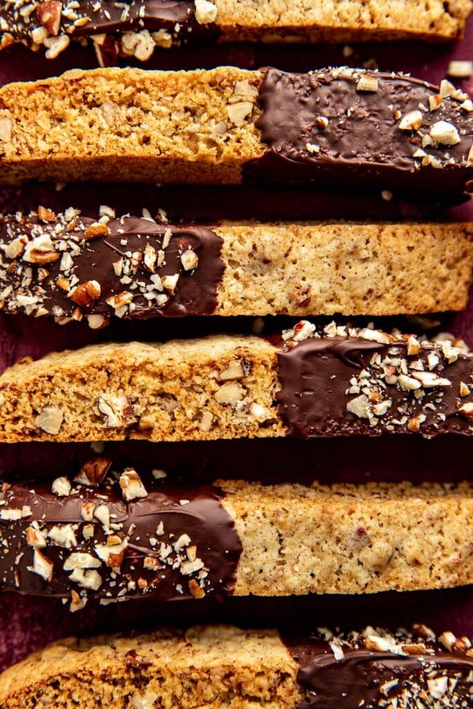 Chocolate dipped pecan biscotti.