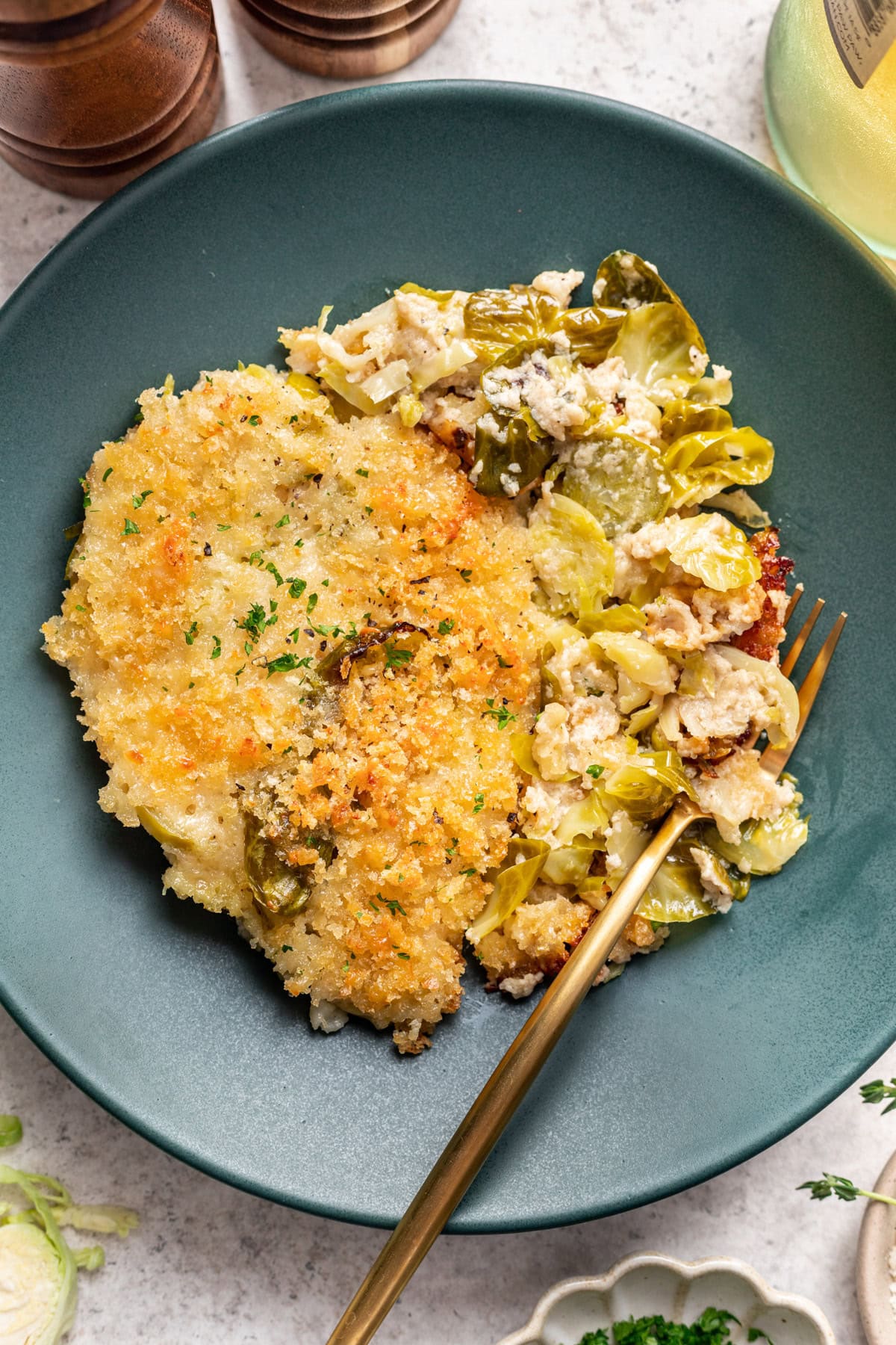 Holiday Brussels sprouts gratin on a plate.