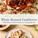 Whole Roasted Cauliflower pinterest graphic.