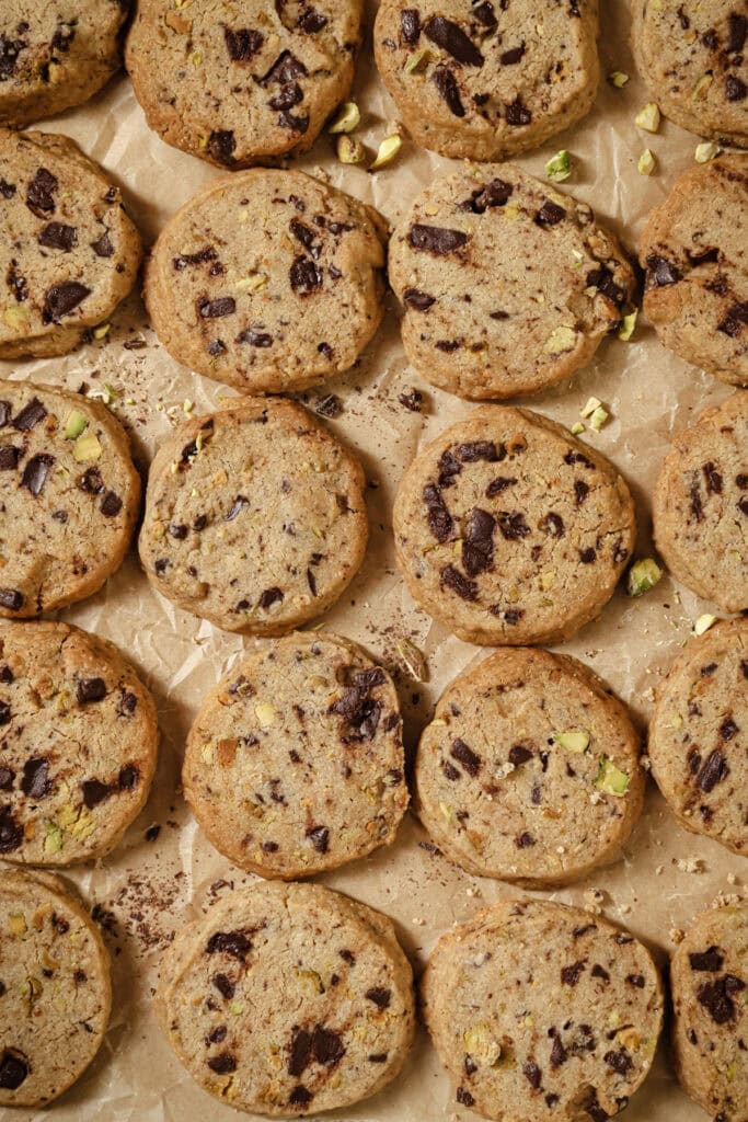 Pistachio chocolate chip shortbread cookies.