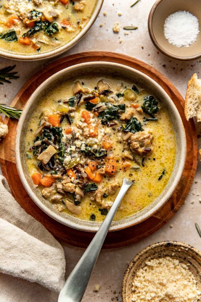 Bowl of sausage and wild rice soup.