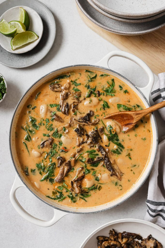 Thai red curry with white beans mushrooms and spinach.