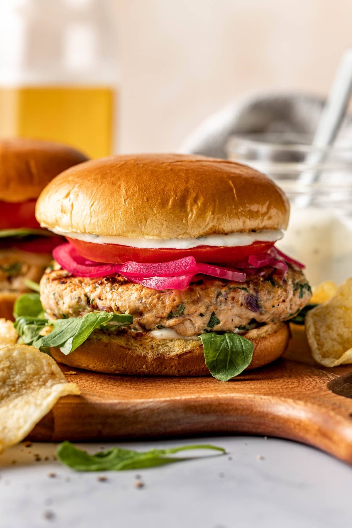 Juicy Ground Chicken Burgers with Garlic Mayo