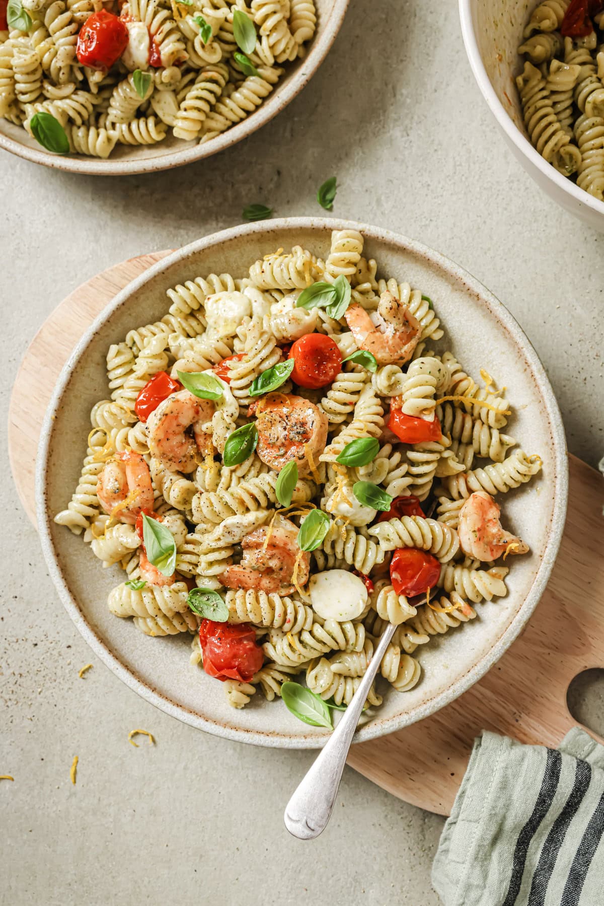 Creamy Pesto Shrimp Pasta Salad with Mozzarella
