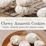 A stack of powdered amaretti cookies, one with a bite taken out, sits on a cooling rack. Below, a plate holds more cookies. Text reads: “Chewy Amaretti Cookies—Tender, naturally gluten-free almond cookies.”.