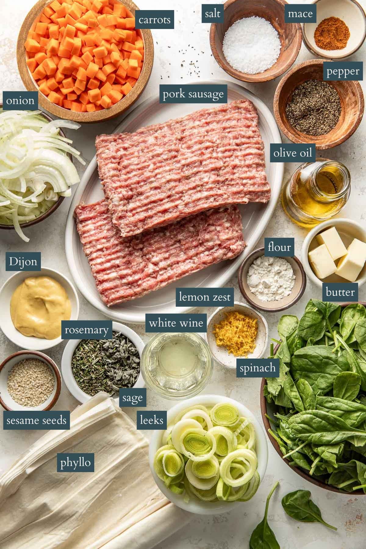 Ingredients for a recipe arranged on a white surface, including labeled carrots, salt, mace, pepper, onion, pork sausage, olive oil, butter, flour, Dijon mustard, rosemary, lemon zest, white wine, sage, leeks, spinach, sesame seeds, and phyllo.