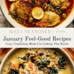 A split image: the top shows braised chicken thighs with olives, lemon slices, and sauce in a skillet; the bottom displays a creamy chicken and vegetable soup with wild rice in a bowl, both garnished with fresh herbs.