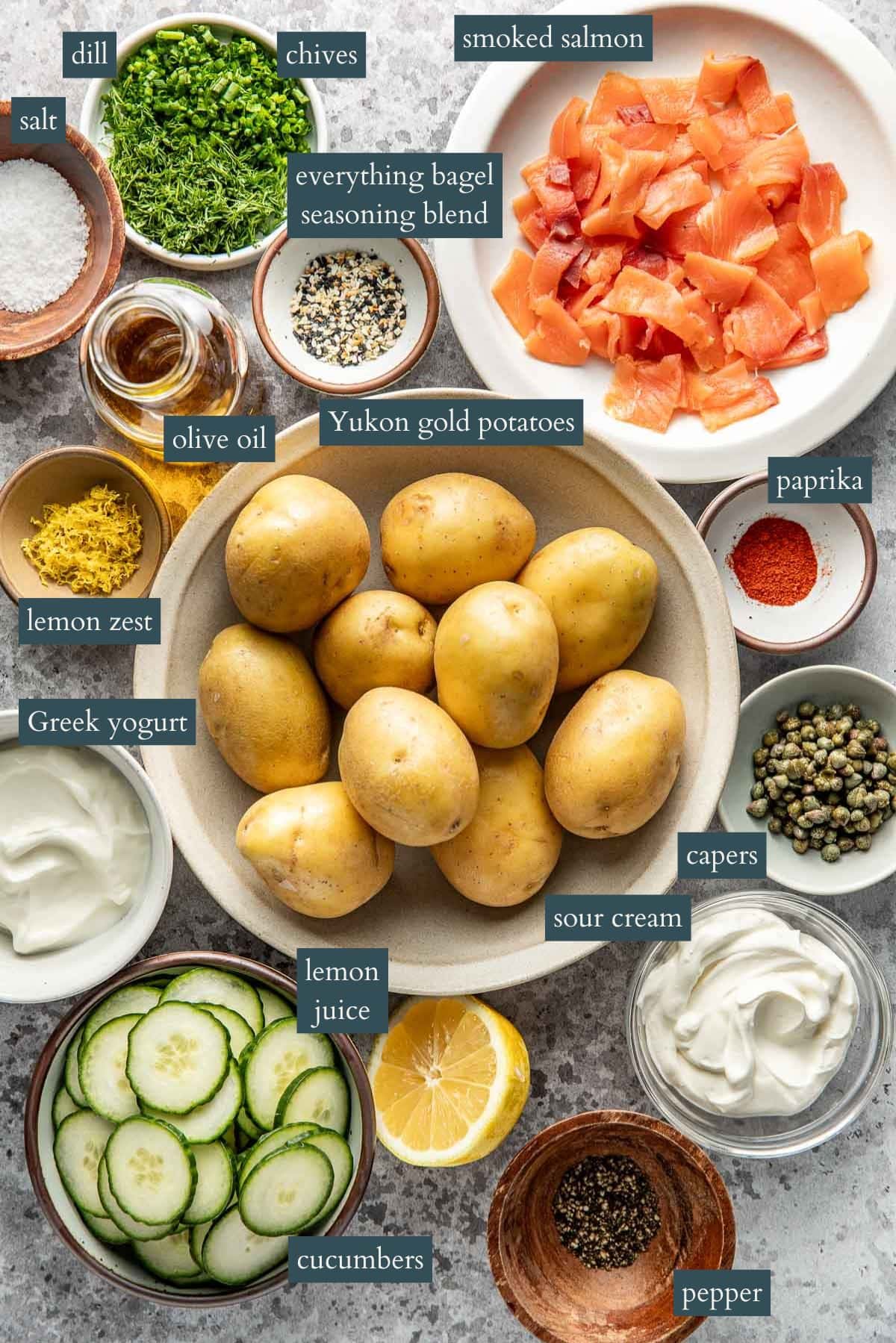 A variety of labeled ingredients for a recipe are arranged on a counter, including Yukon gold potatoes, smoked salmon, cucumbers, Greek yogurt, sour cream, dill, chives, capers, spices, lemon, olive oil, salt, and pepper.