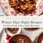 A collage featuring pasta with red sauce on a floral plate and two chocolate desserts with shaved chocolate, alongside the text: “February Cozy Recipes: Comfort Food with a Little Romance.”.