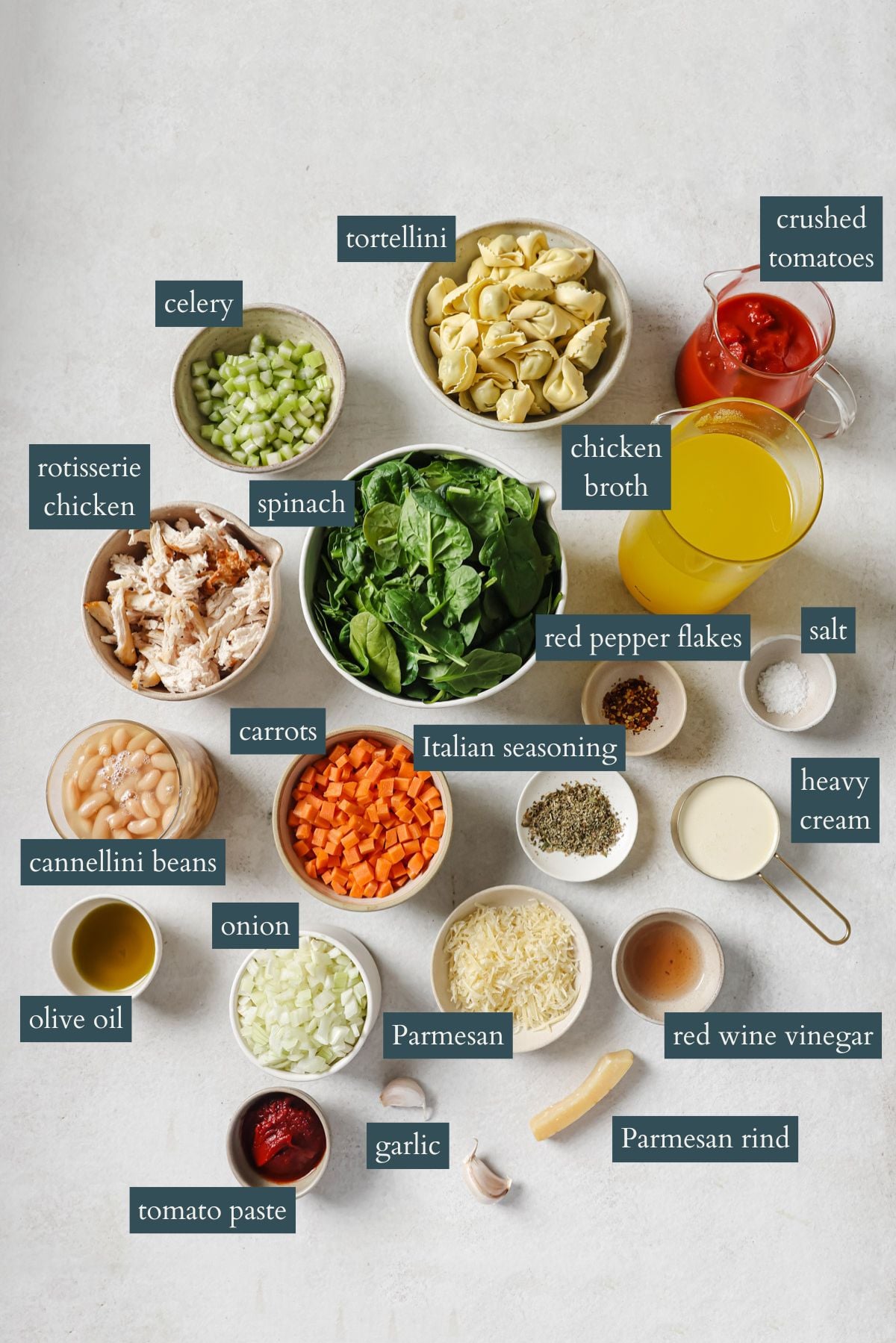 A flat lay of labeled ingredients in bowls and cups for a soup recipe, including tortellini, chicken broth, crushed tomatoes, spinach, rotisserie chicken, celery, carrots, beans, Parmesan, and various seasonings.