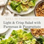 A fresh green salad with lettuce, grated Parmesan, crispy pangrattato, and black pepper is served on a white plate with a fork and spoon. Extra pangrattato and salad are in bowls nearby.