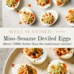 Deviled eggs topped with a creamy miso-sesame filling, garnished with sliced green onions, black sesame seeds, and a drizzle of orange sauce, arranged on white and beige plates. Text reads “Miso-Sesame Deviled Eggs.”.