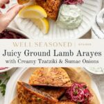 Grilled lamb patties stuffed in pita bread, served with creamy tzatziki sauce, sumac onions, and lemon wedges on a white plate, with more sandwiches and garnishes on parchment paper below.