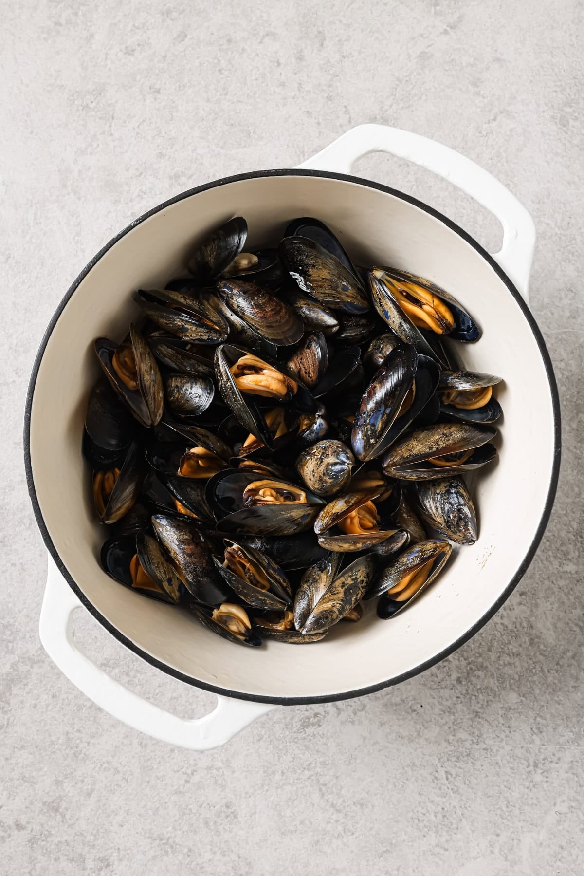 A white pot filled with cooked mussels, some shells open revealing the orange flesh inside, sitting on a light-colored countertop.
