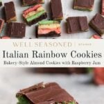 Sliced Italian rainbow cookies with layers of pink, green, and yellow almond cake separated by raspberry jam and topped with chocolate, arranged on a surface; close-up of a stacked piece shown below.
