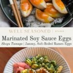 A bowl of rice topped with halved marinated soy sauce eggs and seaweed, and another bowl with marinated eggs, sliced avocado, diced vegetables, sesame seeds, and herbs. Text: Marinated Soy Sauce Eggs - Shoyu Tamago.
