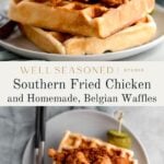 A plate of crispy Southern fried chicken stacked on top of thick, golden Belgian waffles, served with a small pickled garnish and cutlery on the side.