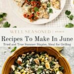 Overhead view of grilled chicken breast with tomato salsa on a white plate and a salad with greens, zucchini, and feta in a yellow bowl; text reads “Recipes To Make In June, Ideal for Grilling.”.