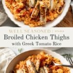 A bowl of broiled chicken thighs served with Greek tomato rice, chopped cucumbers, red onion, and a dollop of tzatziki sauce. The meal is brightly colored and garnished with fresh herbs.
