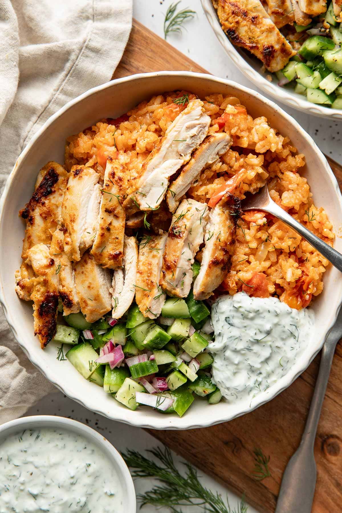 Greek Tomato Rice Bowls with Broiled Chicken Thighs
