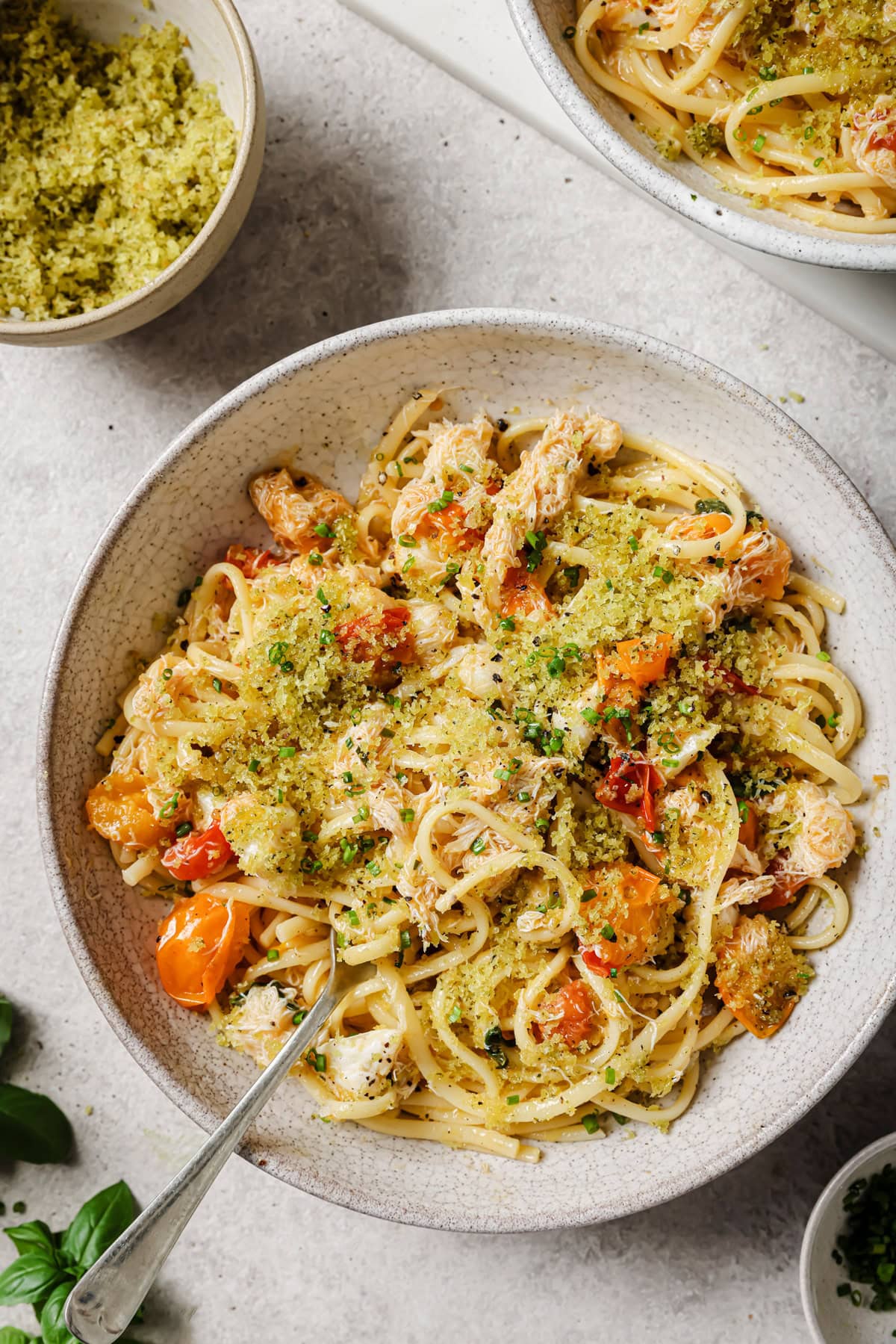 Cherry Tomato Pasta with Sweet Crab & Pesto Breadcrumbs