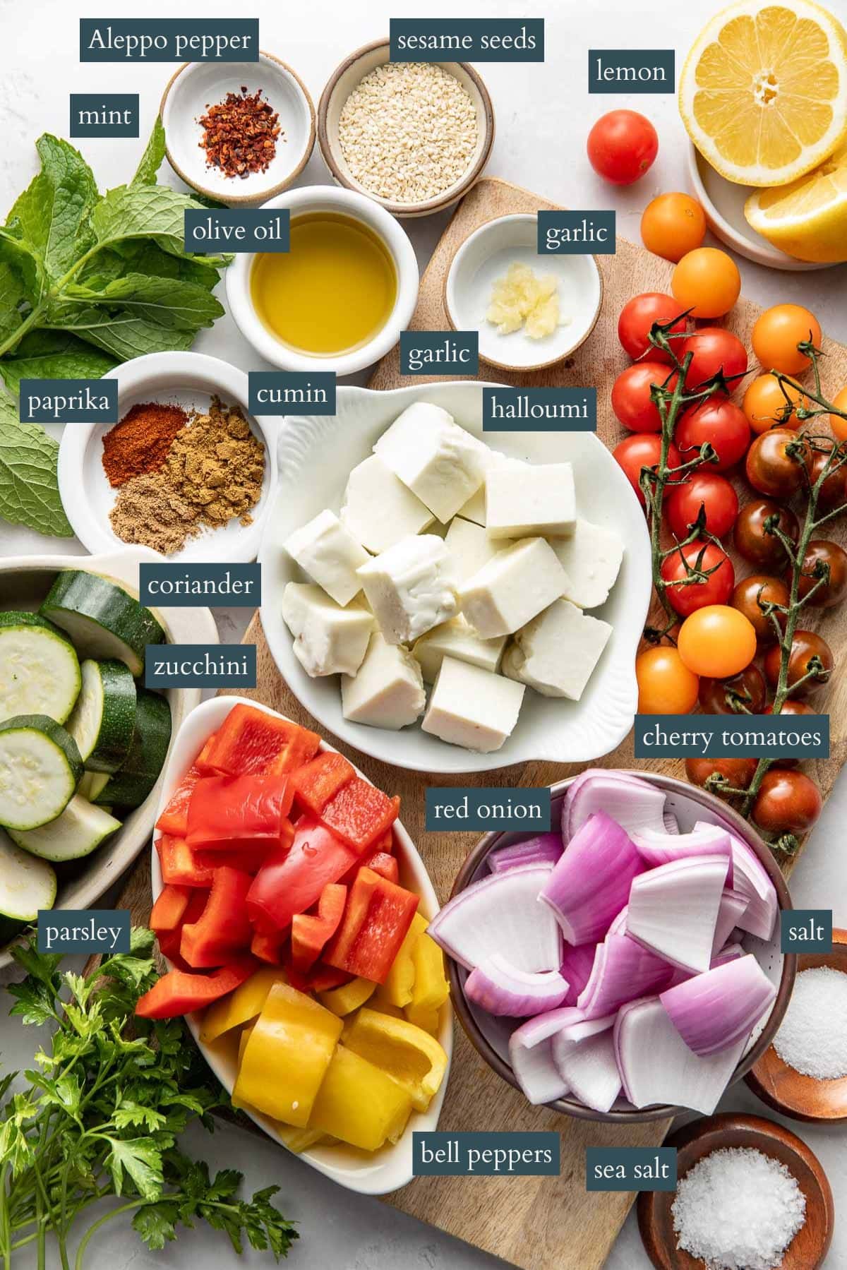 A top-down view of fresh ingredients labeled, including mint, olive oil, lemon, garlic, halloumi, zucchini, cherry tomatoes, red onion, bell peppers, parsley, paprika, cumin, coriander, salt, sea salt, and sesame seeds.