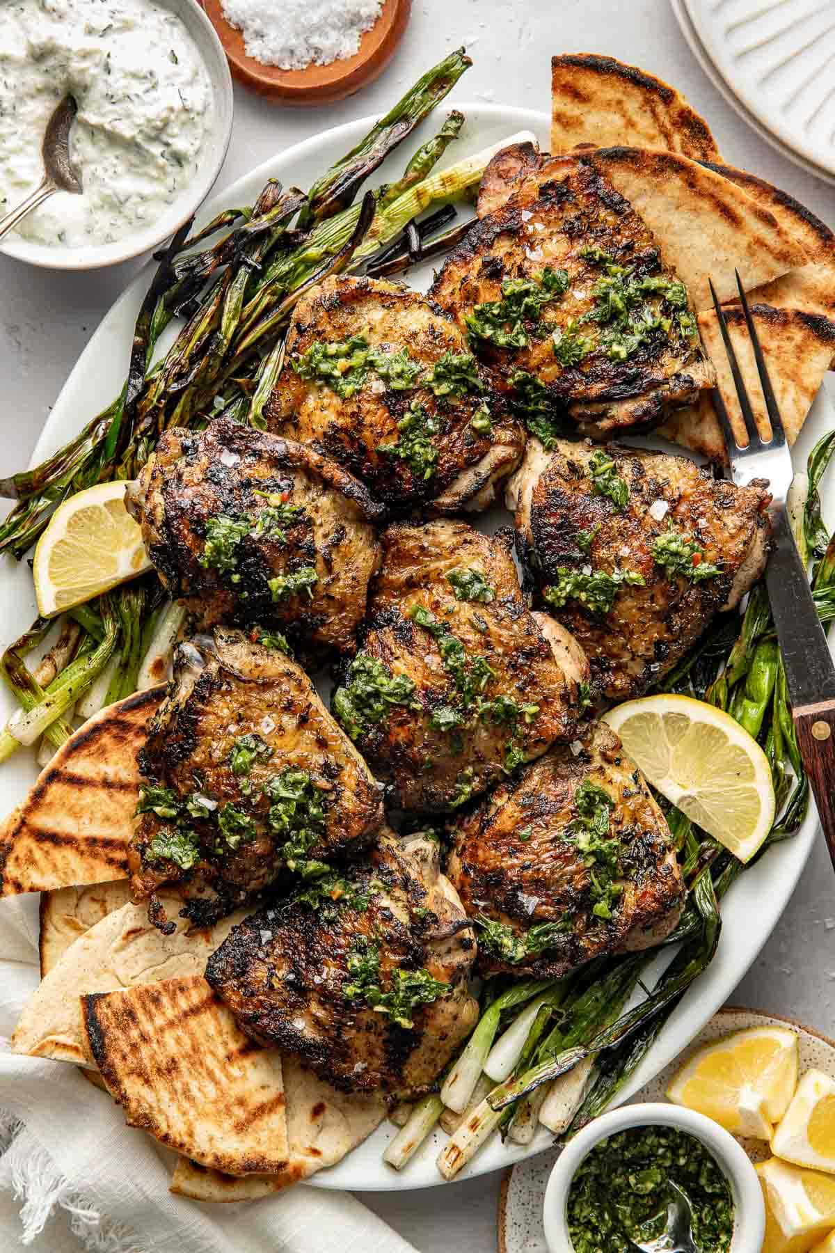 Zhoug-Marinated Chicken Thighs with Charred Scallions