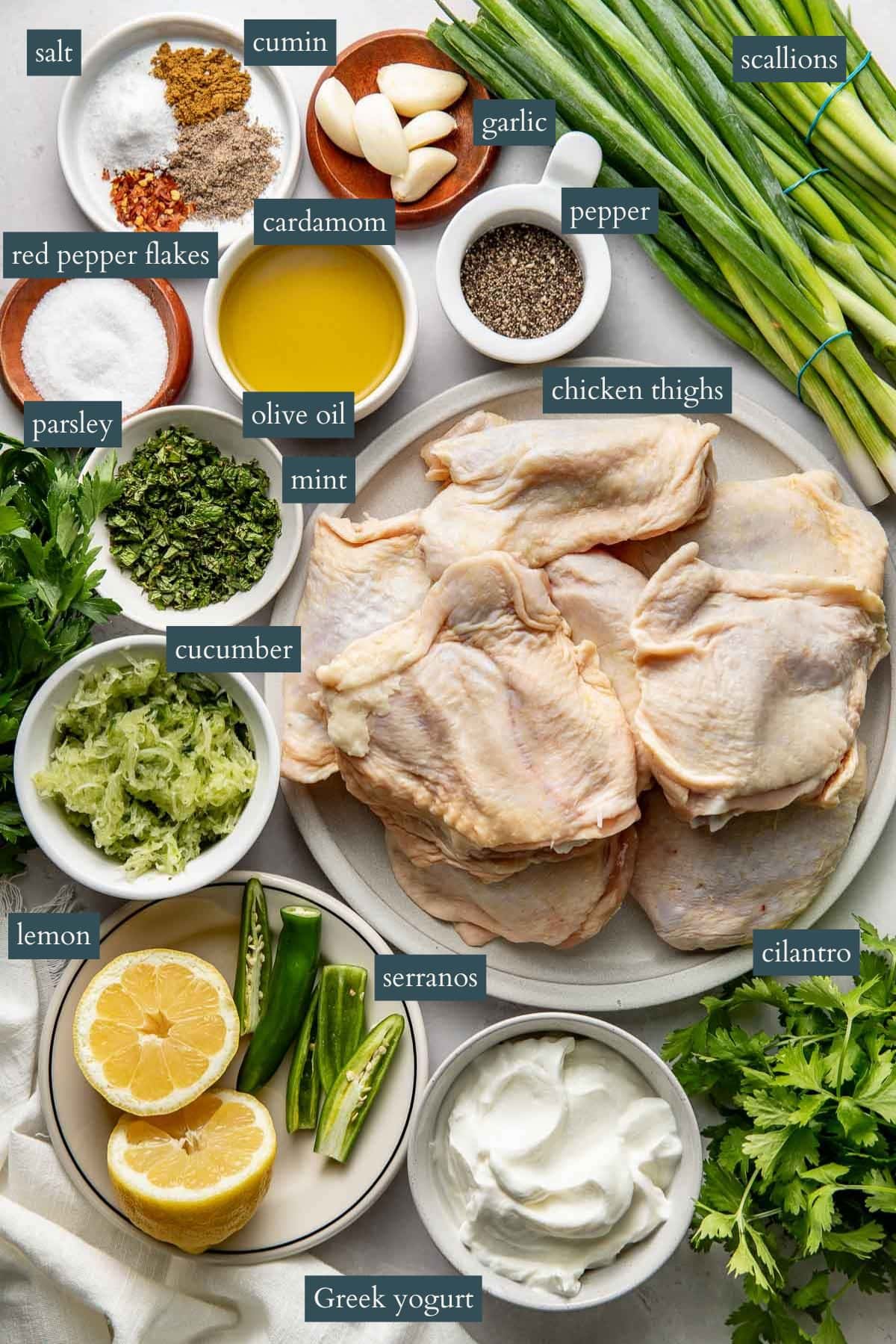 Top-down view of various labeled ingredients on a marble surface, including raw chicken thighs, Greek yogurt, lemon, serrano peppers, cucumber, olive oil, herbs, spices, salt, pepper, garlic, and scallions.