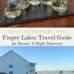 Five glasses of white wine on a slate tray are shown on a table; below, there’s a lakeside inn with Adirondack chairs and a fire pit, overlooking a scenic lake, with text: “Finger Lakes Travel Guide.”.