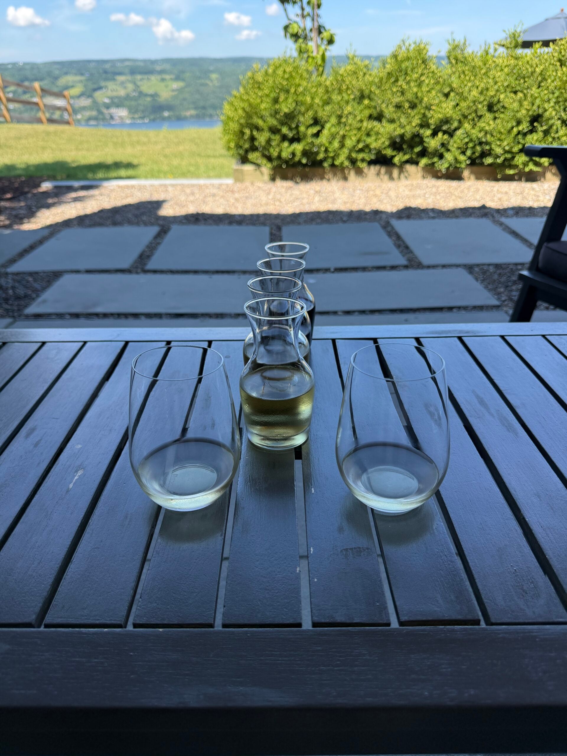 Six glasses of white wine are lined up on a dark wooden outdoor table, with greenery and a distant lake visible under a blue sky in the background.