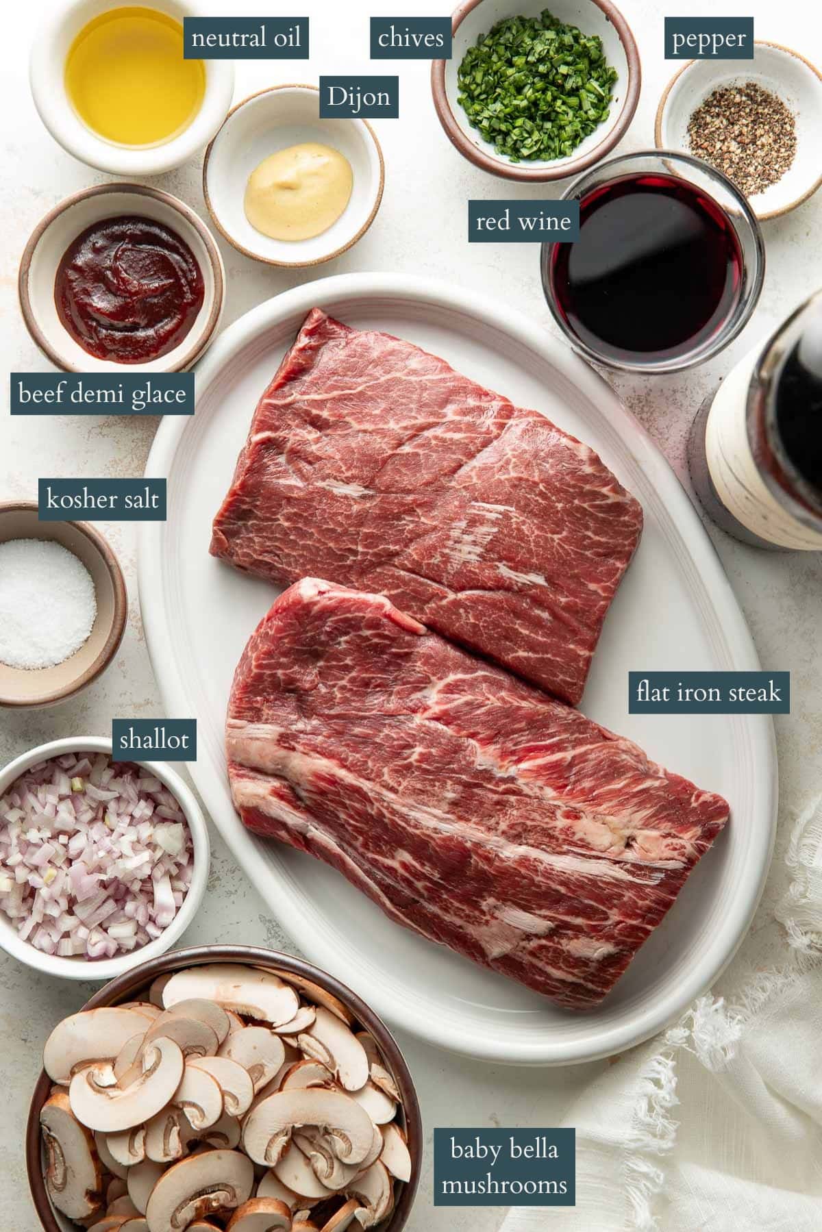Top view of a plate with two raw flat iron steaks surrounded by bowls of sliced baby bella mushrooms, chopped shallots, beef demi glace, Dijon mustard, chives, neutral oil, red wine, kosher salt, and pepper.