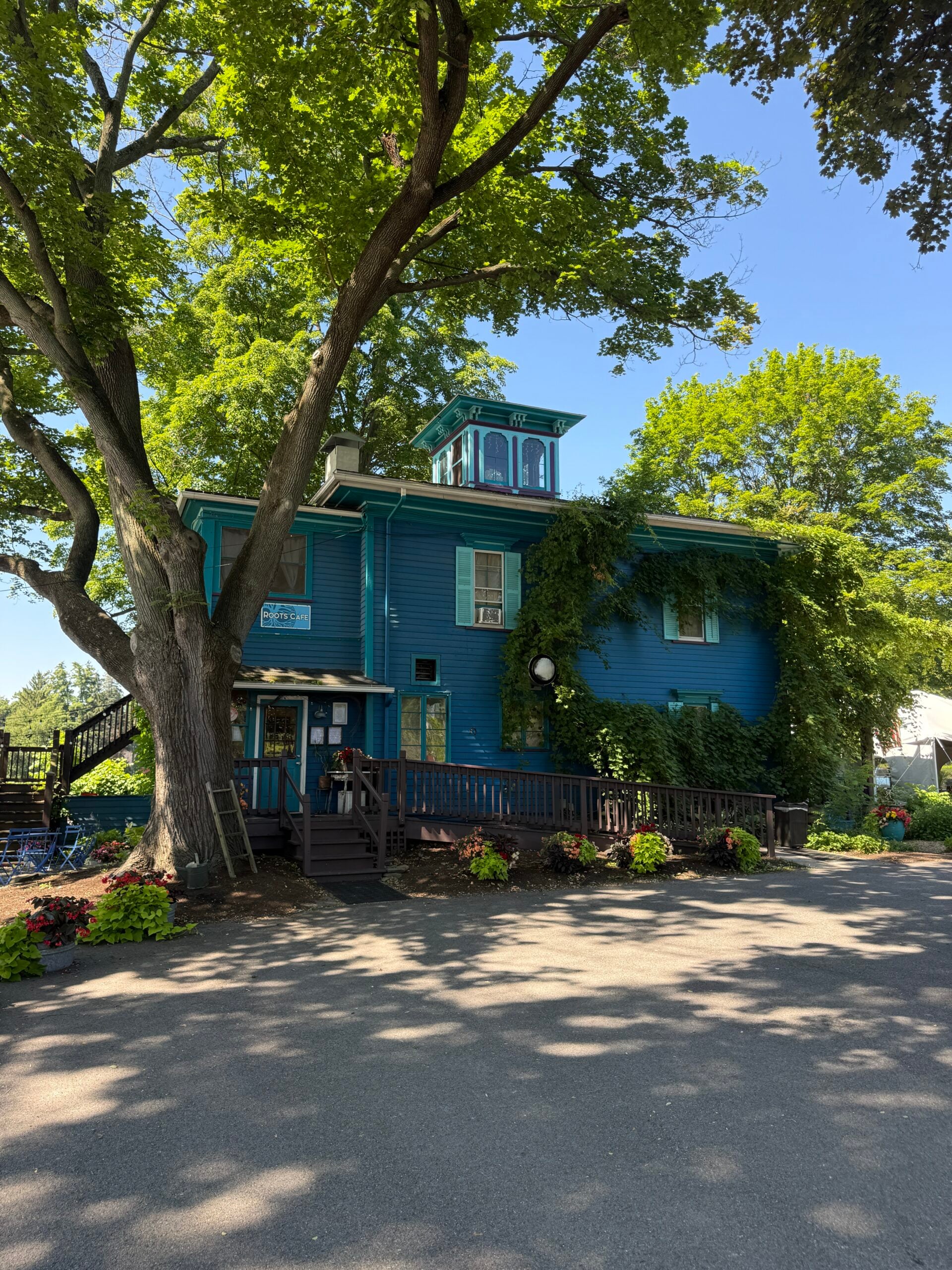 A bright blue two-story house with a wraparound porch sits under large leafy trees. Ivy climbs parts of the house, and flowers line the walkway. Sunlight filters through the trees onto the scene.