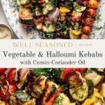 Grilled vegetable and halloumi cheese kebabs with cherry tomatoes, zucchini, red onion, and peppers, served on a platter and garnished with fresh herbs, promoting a recipe for Vegetable & Halloumi Kebabs with Cumin-Coriander Oil.