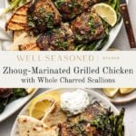 Overhead view of plates with zhug-marinated grilled chicken, charred scallions, pita bread, lemon wedges, and a dollop of white sauce, garnished with fresh herbs.