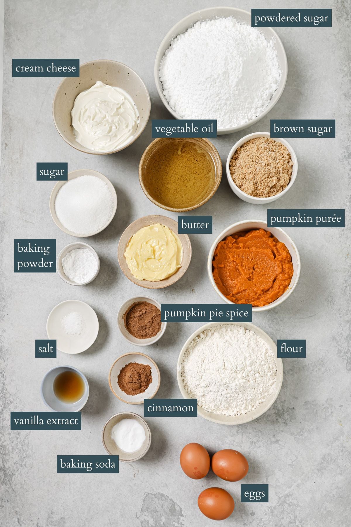 Top-down view of labeled baking ingredients in bowls, including cream cheese, powdered sugar, sugar, brown sugar, vegetable oil, butter, pumpkin purée, spices, flour, eggs, baking powder, baking soda, salt, and vanilla extract.