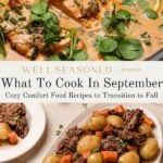 A creamy skillet salmon dish with herbs and a platter of pot roast with potatoes and carrots, both served as cozy fall comfort foods. Text reads What To Cook In September: Cozy Comfort Food Recipes to Transition to Fall..
