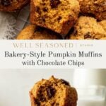 Pumpkin muffins with chocolate chips shown on a cooling rack and stacked on a plate, with a glass of milk in the background. Some muffins are halved, revealing the chocolate-filled interior.