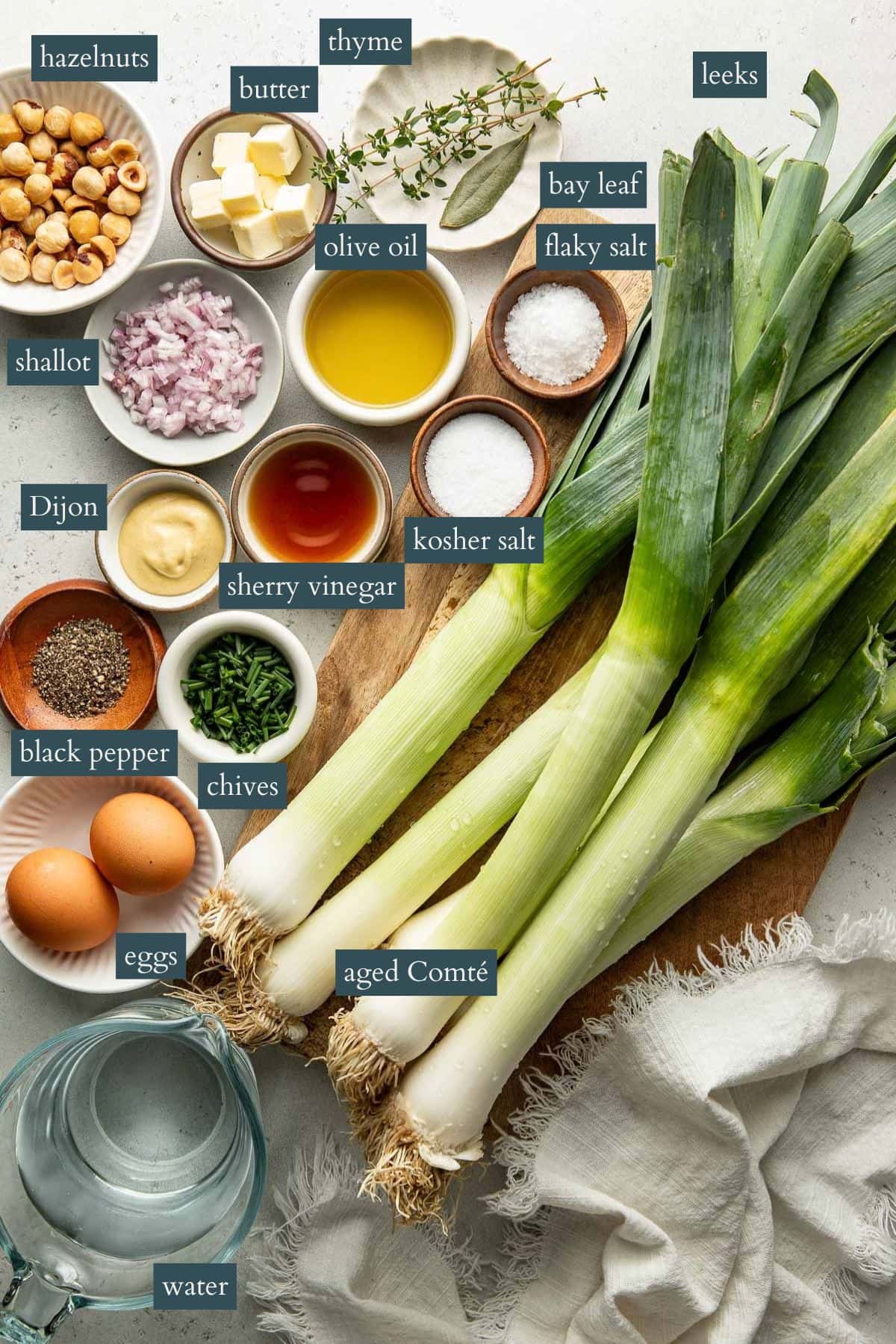 A top-down view of ingredients for a recipe, including labeled leeks, eggs, hazelnuts, shallot, Dijon, thyme, bay leaf, chives, butter, olive oil, cheese, salt, pepper, vinegar, and a jug of water.