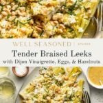 A platter of braised leeks topped with chopped hazelnuts, crumbled eggs, chives, and Dijon vinaigrette. A lemon wedge and wine glass are nearby, with the dish labeled as Tender Braised Leeks..