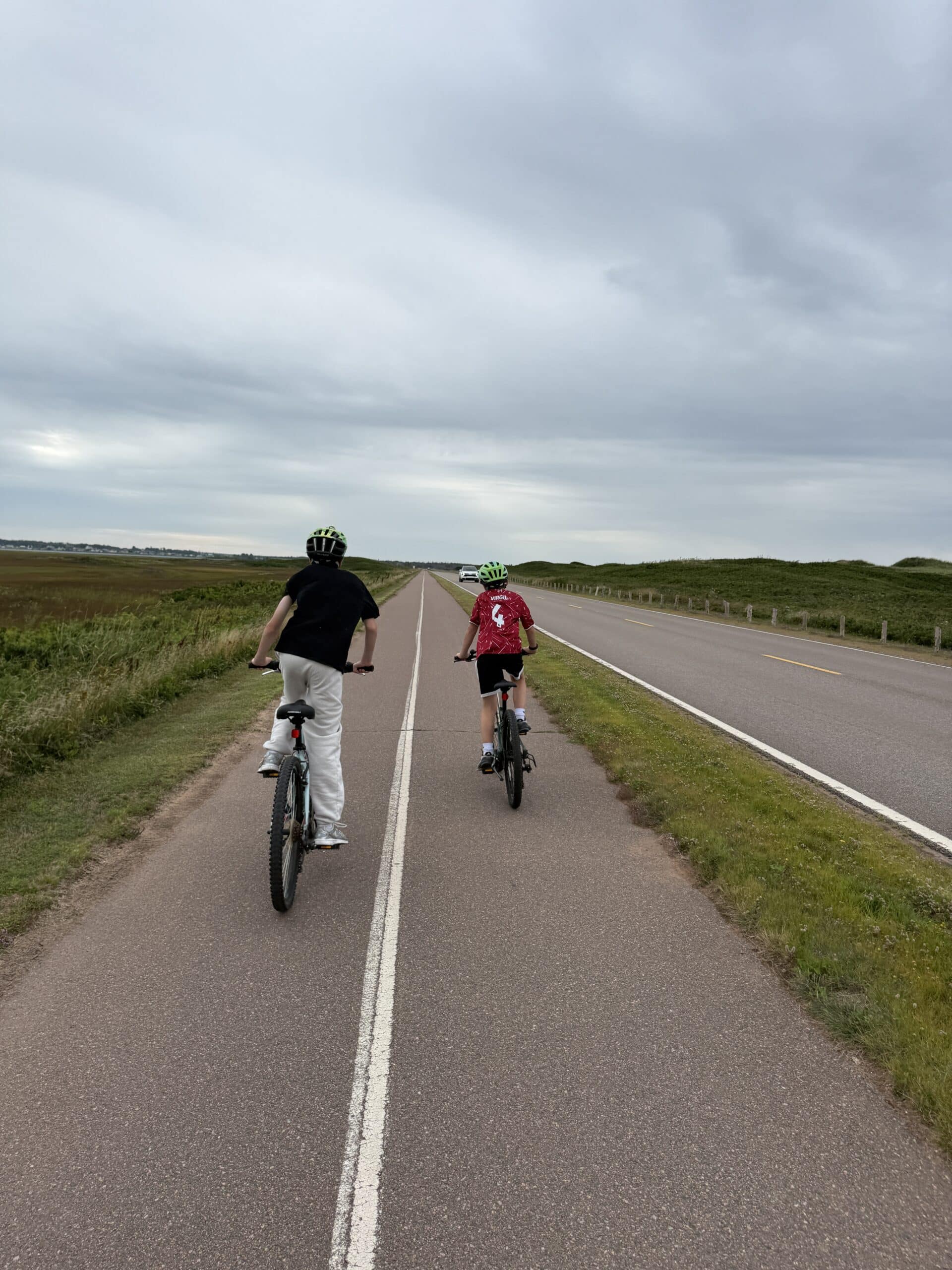 Two people wearing helmets ride bicycles on a paved path through grassy fields under a cloudy sky, heading away from the camera. A road runs parallel to the path on the right.