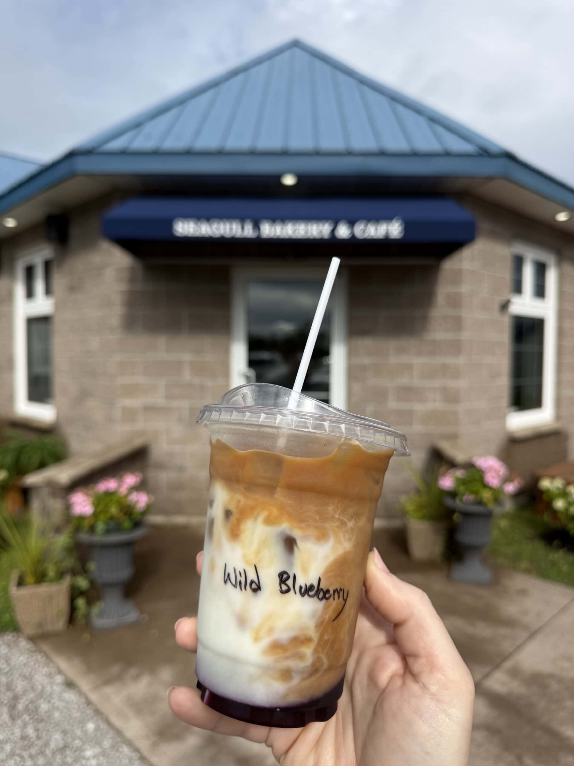 A hand holds an iced coffee labeled Wild Blueberry in front of a bakery and café with a blue roof and sign. Two potted plants flank the entrance.