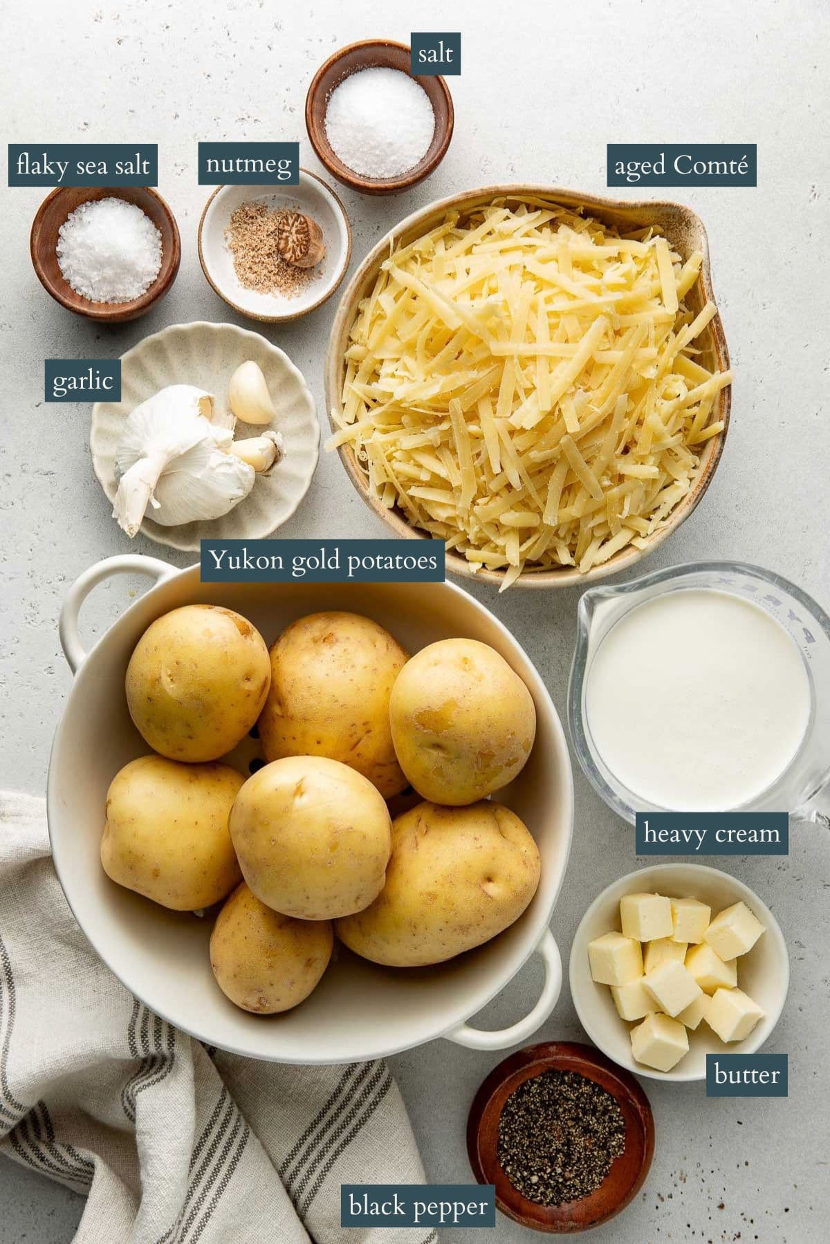 Labeled ingredients for a potato dish: Yukon gold potatoes, shredded aged Comté cheese, heavy cream, butter, garlic, flaky sea salt, regular salt, black pepper, and nutmeg, all arranged on a white surface.