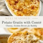 Golden, cheesy potato gratin with a crispy top in a white baking dish, served with a spoon. Close-up shows creamy layers of potatoes with stringy melted cheese and a sprinkle of black pepper.