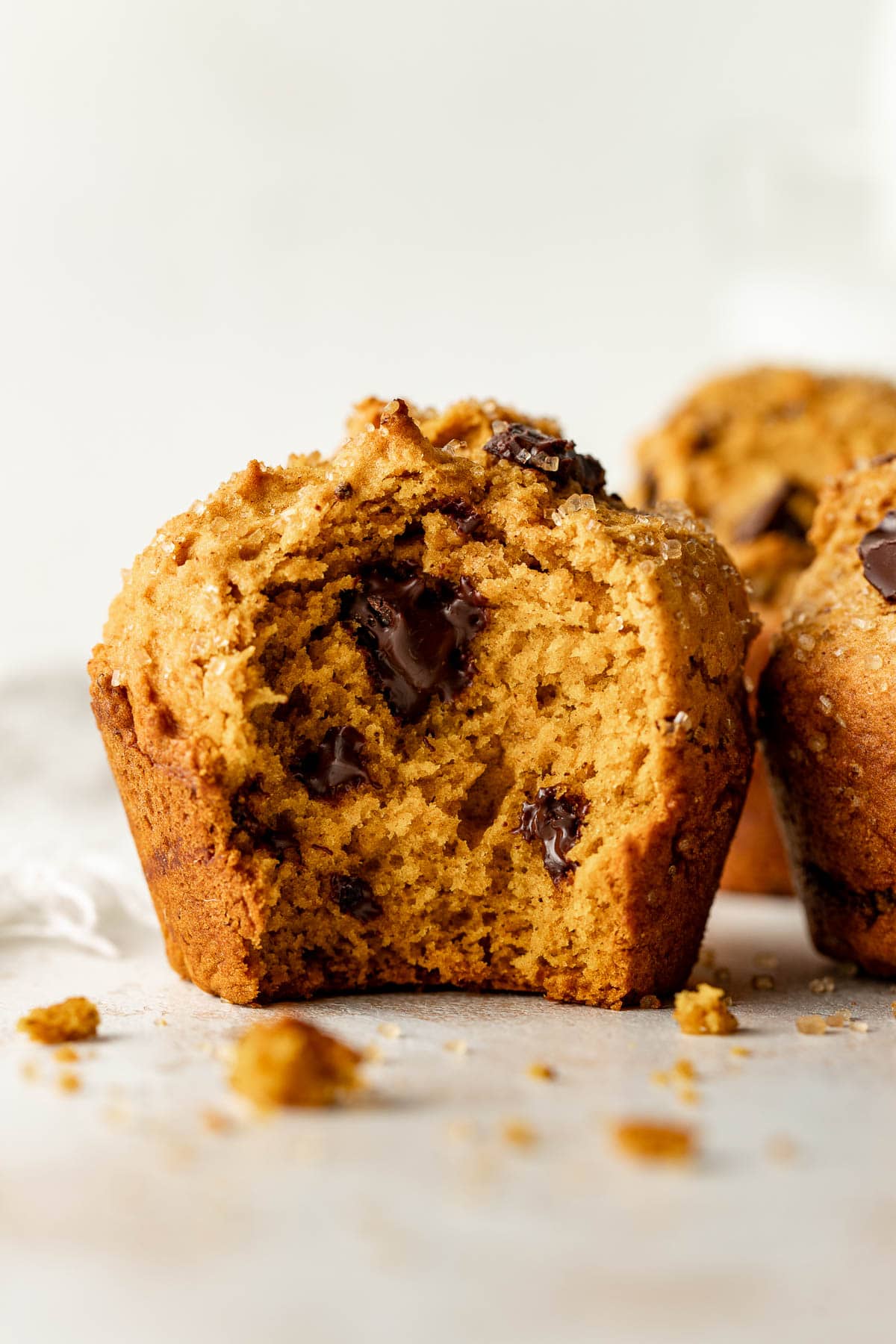 A close-up of a chocolate chip muffin with a bite taken out, showing the moist inside and chunks of chocolate, with crumbs scattered around on a light surface.