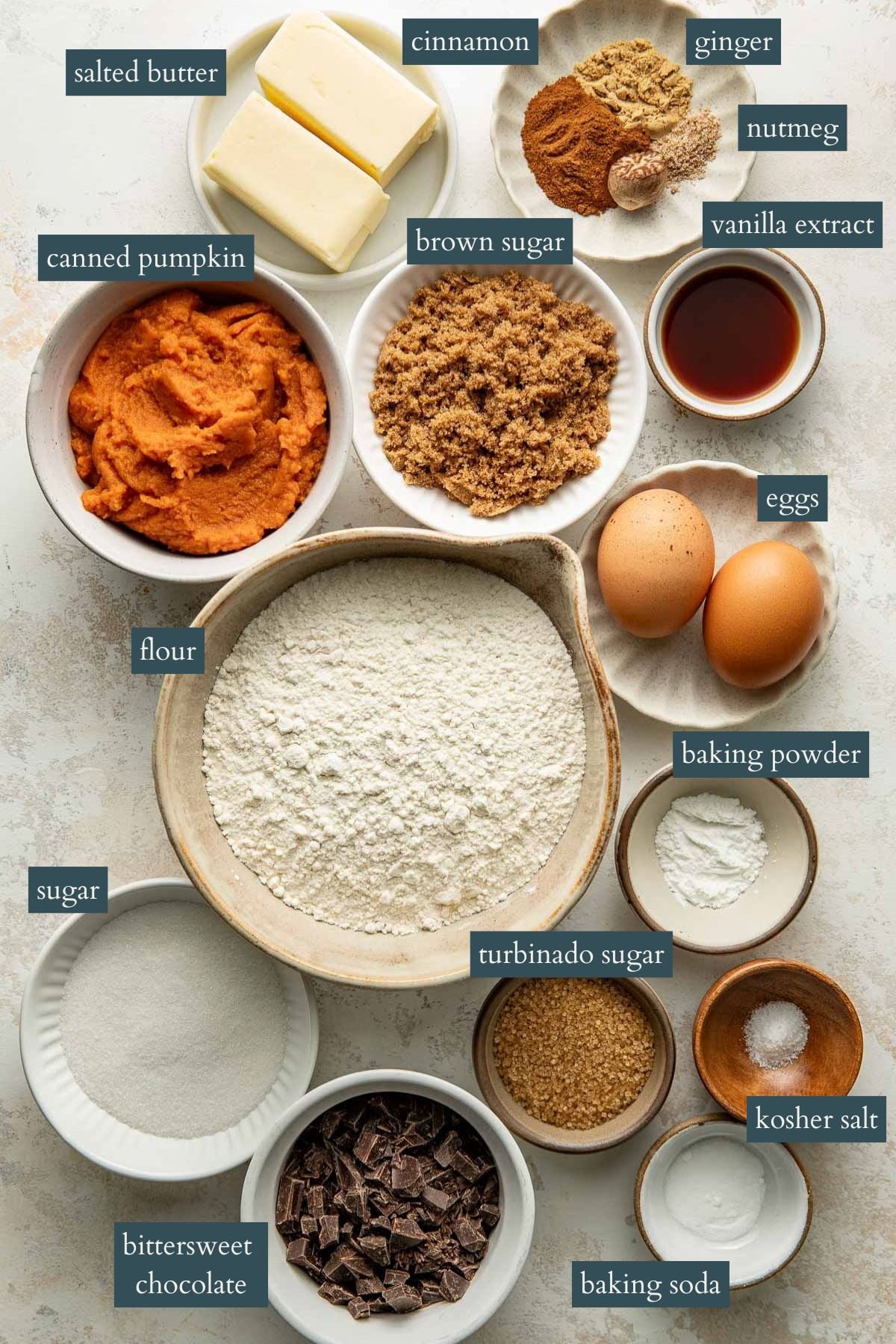 Top-down view of baking ingredients in bowls, including flour, sugar, brown sugar, pumpkin puree, eggs, butter, spices, vanilla, chocolate, salt, baking powder, baking soda, and turbinado sugar, all labeled.