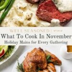 A collage showing a plate of steak with mashed potatoes and green beans above a plate of sliced roasted chicken with the text WELL SEASONED | STUDIO What To Cook In November Holiday Mains for Every Gathering.